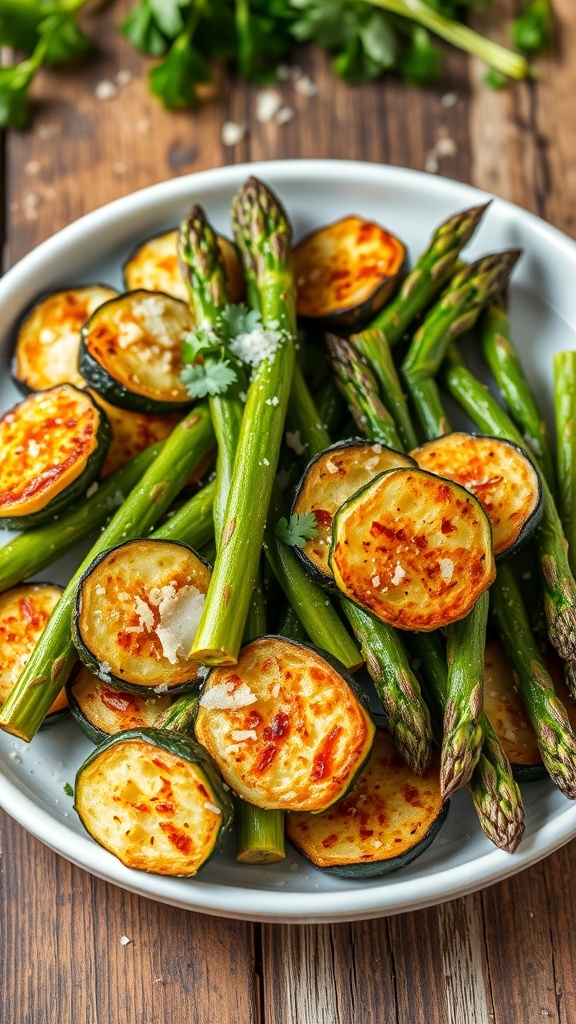 Crispy air-fried zucchini and asparagus garnished with Parmesan cheese on a wooden table.
